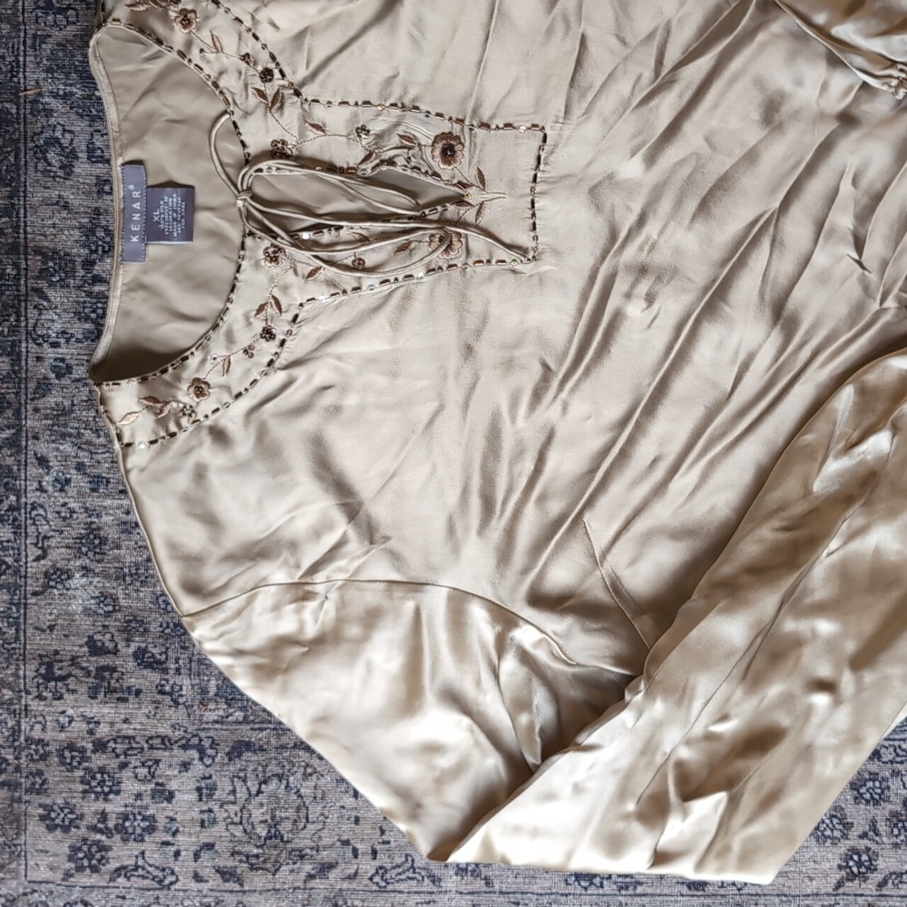100% Silk Vintage Kenar Gold Satin Blouse w/ Embroidery & Beading